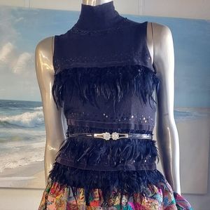 $1,600 LOUIS FERAUD VIRGIN WOOL BLACK OSTRIC FEATHER BEAD KNIT RUNWAY BLOUSE M